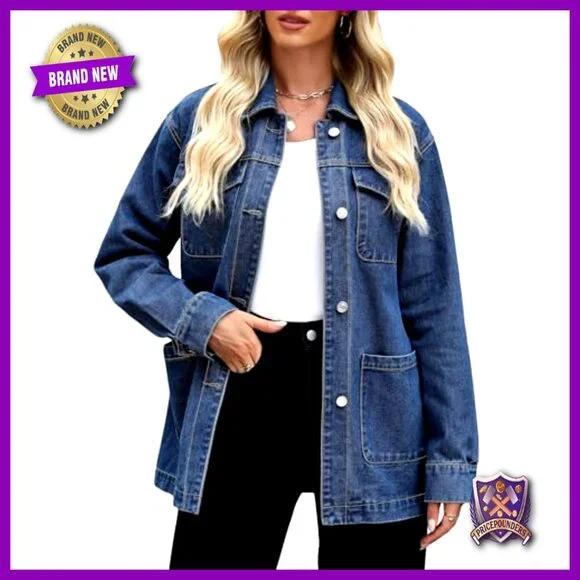 Oversized Denim Jacket Women Classic Chic Y2K Retro With Belt Long Sleeve
